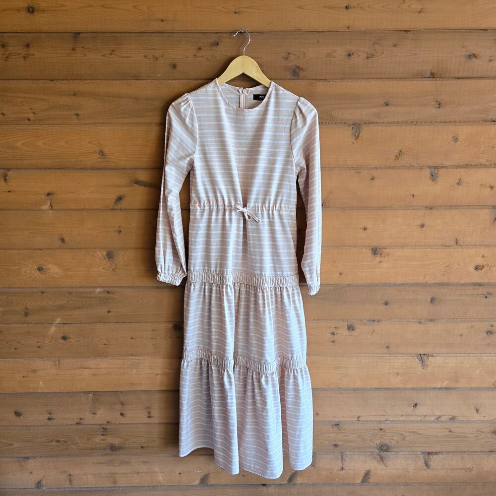 Hijab House Dress Modest Striped Day Beige White 6 Maxi Tier Long Sleeve Neutral - Picture 2 of 6